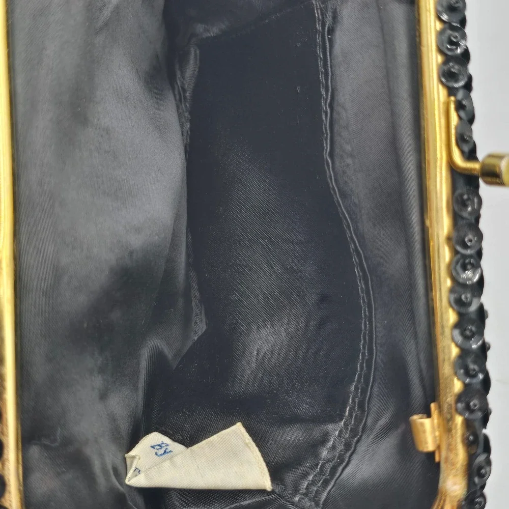 By Simon Ernest Blum Vintage Evening Clutch Purse Black Beaded Sequin Kiss Lock